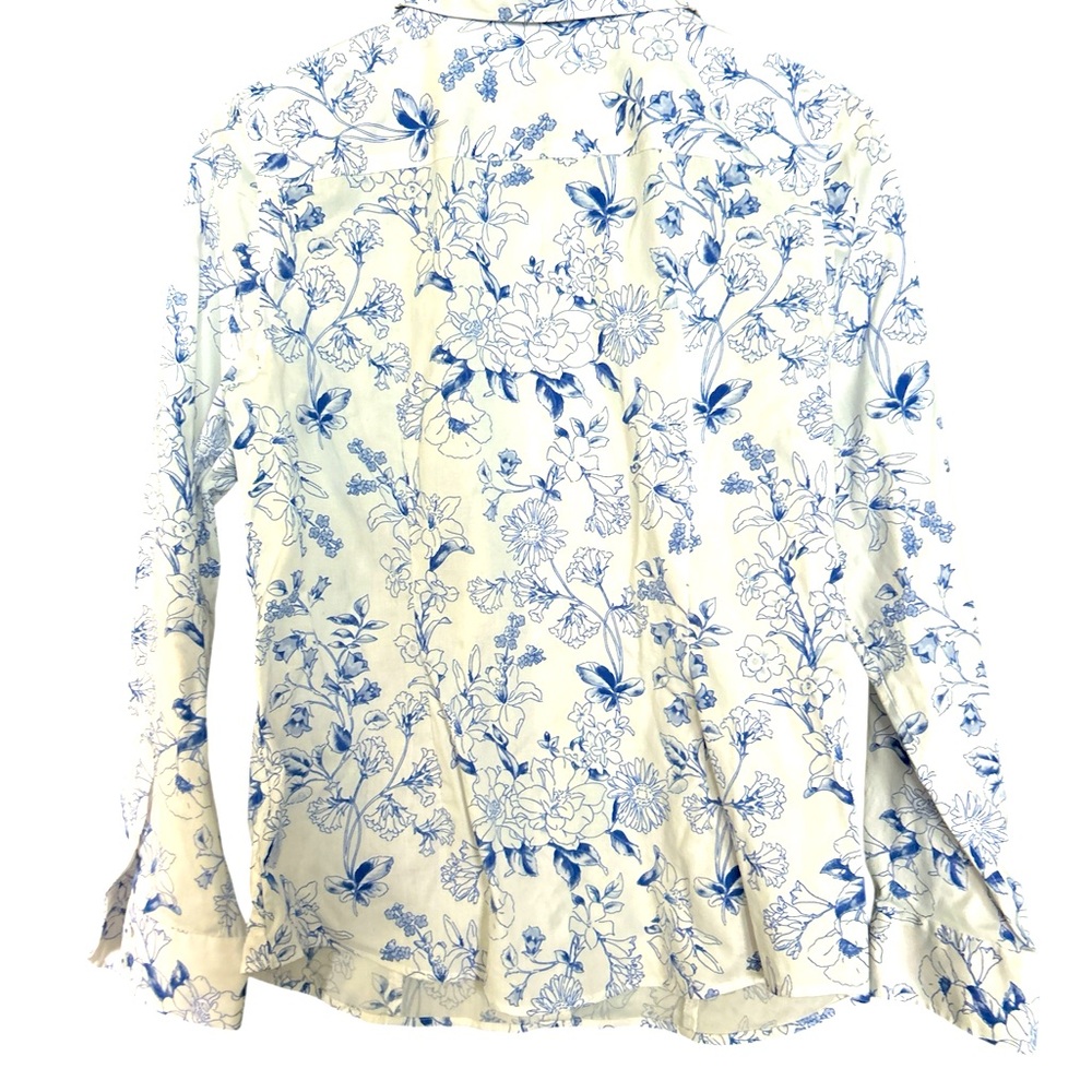 NWT Talbots size 10 Non Iron Shirt Button Front Long Sleeve Blue White Floral - Picture 2 of 4